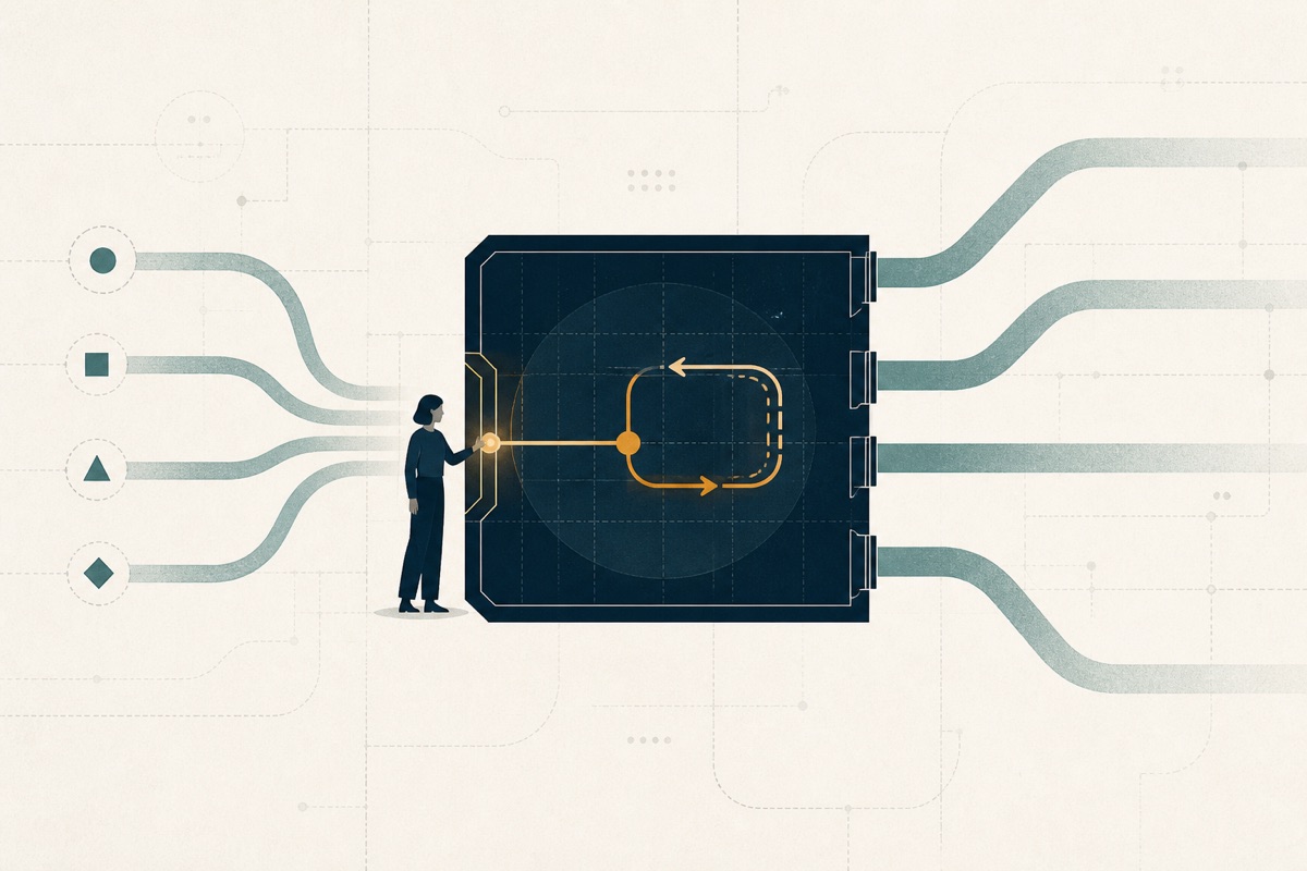 A human decision-maker holds an amber reversible path inside a bounded chamber while broader routes remain gated